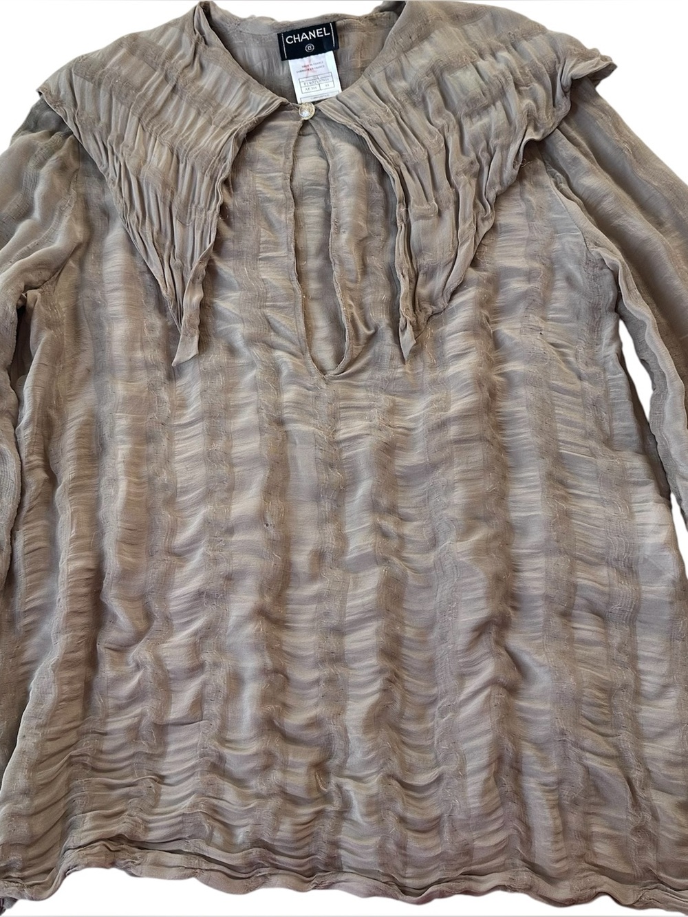 Vintage Chanel 1999A Silk Metallic Gauze Sailor Collar Blouse Taupe CC Button 44 - Picture 4 of 17